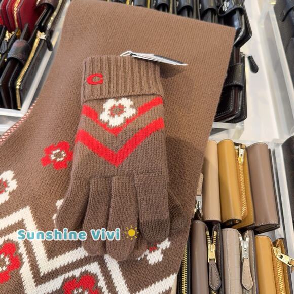 NWT Bundle Coach Fair Isle Print Knit Muffler CCW05 & Gloves CCW71 Sable Multi - Picture 12 of 14